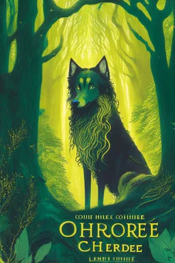 book cover, In the heart of a dense and enigmatic forest with towering ancient trees cloaked in emerald, yellow and amber foliage stands a witch possessing an ethereal allure her lustrous hair cascading in ebony waves down to her slender waist In the background a majestic canine of Belgian shepherd lineage roams its eyes illuminated by an otherworldly crimson