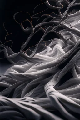 Multiple entanglements between a twisted thin piece of cloth as part of many twisted and spiraling branches disappearing into the distant mist, epic photo, sharp on highly detailed skin with wrinkles and high contrast, photorealistic, 4K, 3D, realism, hyperrealism, detail, good lighting, detailed texture, modern photography style, 3D, 4D, 4K