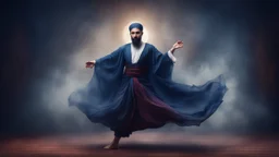 Hyper Realistic Mystical Sufi Dance with navy-blue cloth on maroon dark grungy rustic foggy background at night & Glowing-Islamic-Pattern