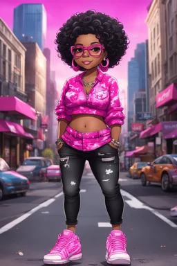 create an magna illustration of a chibi cartoon voluptuous black female. Wearing a tye dye blouse and tight black jeans with hot pink Nike sneakers. Prominent make up with hazel eyes and she is wearing pink glasses. Extremely Highly detail of a very low platinum shiny black pixie haircut. Background of a busy city street. 2k
