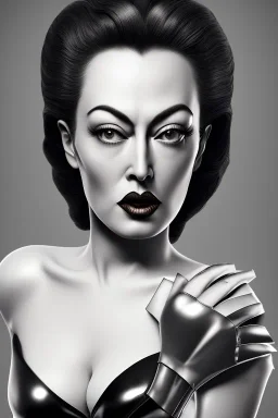 Joan Crawford as evil queen in black leather, busty, cleavage, dominatrix, curvy, angry, stern look. unreal 5, octane render, cinema4d, dynamic lighting, dramatic lighting, 4k, redshift render, highly detailed, hyper realistic,anthropomorphic