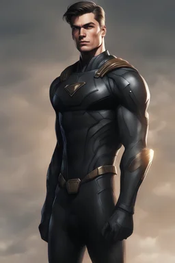 Kryptonian, black suit, young, tall and strong, tan, military