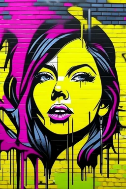 Graffiti background on a brick wall, black, yellow, purple, pink. girl