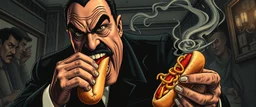 mean looking mafia thug with mustache eating a two hot dogs while fighting on the style of Escher