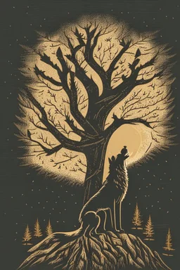 in a cosy vintage style, a wolf howls at a black tree