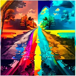 two roads diverged , art, acrilyc colors, bright, masterpiece, realistic