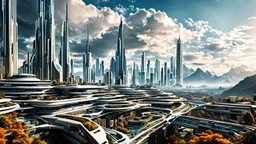 2034. Sci-fi fantasy: high-quality, futuristic extremely detailed photograph, a cityscape in the year 2050, with advanced technology seamlessly integrated into the architecture and lifestyle of the inhabitants, award-winning photograph, beautiful composition, science-fiction, mountains, clouds, clear atmosphere, crisp focus, 35mm lens, adjust perspective, beautiful photograph