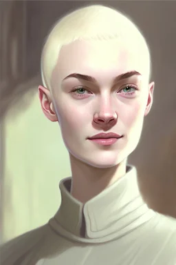 full colour drawing, portrait, 22-year old friendly slender female human cleric, shaved head, blonde eyebrows, grey eyes