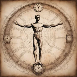 double exposure Michelangelo's Vitruvian man and clock hybrid, arms and legs are clock hands pointing to roman numerals, color line art sketch, cog and gear, masterpiece, sfumato, complex contrast, dynamic composition, grand design