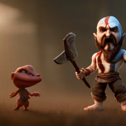 Cute baby video game god of war krotos, holding axe, mytology, 8k resulation, cinematic, cinema4d, hyper detailed, cinamtic lighting, octane render, unreal engine 5, realistic