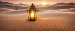 Illuminated golden oriental lantern lying on the sand in the desert dunes at sunset