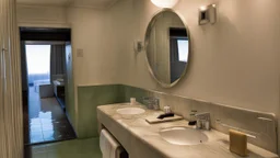 hotel bathroom with hole in the wall spraying water all over with broken mirror and sink