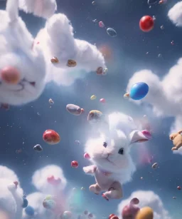 Ultra realistic speed clouds sky scene, wide angle view, childs falling down with many Childs background, rabbit head, circus dress style, feather color, free jumping flying, many trinkets, hair monster, many jelly beans, balls, color smoke, smile, happy, extreme, wind, clouds sea, 20,000 feet altitude, stratosphere, soft color, highly detailed, unreal engine 5, ray tracing, RTX, lumen lighting, ultra detail, volumetric lighting, 3d, finely drawn, high definition, high resolution.