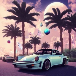 1980's aesthetic vaporwave palm trees and spheres and Porsche with lightning