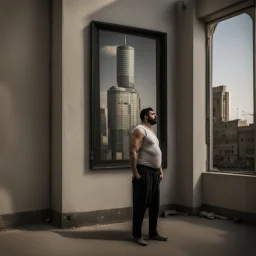 a Persian gay big man in a modern street in Tehran with towers.