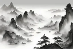 Chinese painter painting a landscape on a mountain in Chinese style black and white