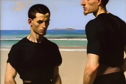 Man wearing black t-shirt at sea shore by Pontormo