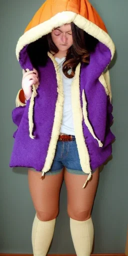 Brunette.thick thighs,thick calves,flat belly,curvy fell. big head. Mantle is sewed of upcycled Denim and sewed together of camouflage pieces. Pieces' color are orange, cream and purple. It is with big bright purple felt tippet and cream-colored-hood. mantle is merged with satchel. . Big AKG-style headphones (gold rings!) is merged with small felt cap with small visor. Style: Haute Couture in 1950's Africa, N.Y.C fashion in 1996, inspired 2023 Paris