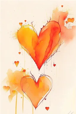 Hearts abstract wet watercolour in the style of Agnes Cecile with thin sketchy pencil lines, red orange yellow
