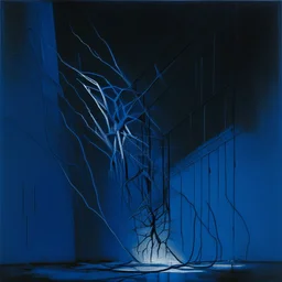 Minimal abstract oil painting of a large falling person limbs sinew. Amongst concrete fragments brutalist architecture and hanging wires illuminated at night. Blue In the style of Bisley