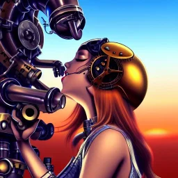 great illustrator, spanish, realistic rendering of a cute spanish girl kissing a robot bird, beautiful, steampunk style. Helmet with tubes. Machinery in the background. robotic bird flying. High details. 4k. unreal engine, sunset