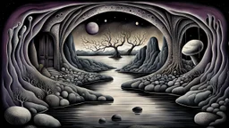 painted inner world with uncontrolled mind and neurodivergens soul, floating rocks over surreal cracked weird landscape . between two dark door one stone bridge over black river, . deep dark purple, gray, black, white, brown, malachit, cream color. Whimsical strange style of Chagall, of Quentin Blake and of Anton Semenov. No people in picture, weird absurd beauty nightmare, black shadow, in background neuronic network, surreal vibe,