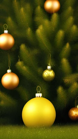 A yellow Christmas ball on glass plate with grass on it