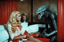 [vintage style noisy scratches glitches, Shot the texture and then rewound the film and double exposed from a colorful 1970s Italian movie] As the hot blonde cheerleader and the xenomorph mummy faced each other in the eerie hotel room, a palpable tension filled the air. The cheerleader, her youthful exuberance contrasting with the mummy's ancient horror, stood poised for a confrontation unlike any other. The xenomorph mummy, a fusion of unearthly terror and decaying majesty, regarded the cheerle