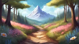 illustration {a scene showing a path leading away from the viewer in a beautiful forest with flowers and a mountain} digital art, semi-realistic, fantasy, dreamscape