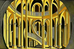 arches arranged in a semicircle, in the middle a slim round tower with an external spiral staircase, symmetrical, by artist "de Chirico",by artist by artist "Escher"