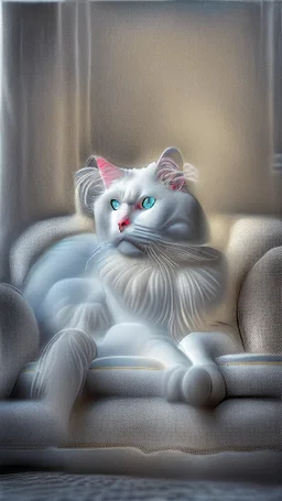 White cat, sitting on a sofa hdr