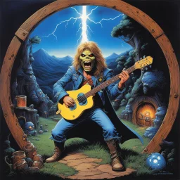 A 1970s dark fantasy psychedelic album cover featuring Iron Maiden's mascot Eddie performing a frantic guitar solo on top of a round-doored Hobbit hole in the Shire. Eddie is wearing torn leather and denim with glowing eyes, shredding on a neon-electric guitar that shoots blue lightning bolts. Below him, stunned hobbits with wooden beer mugs look up in shock. The background features rolling green hills under a massive swirling psychedelic moon, cosmic stars, purple mist, and glowing mushrooms. I