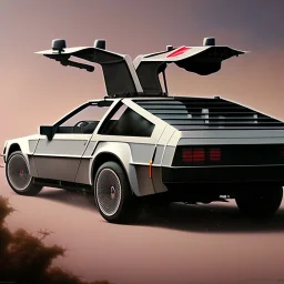 hyperrealism Drawing of '1981 DeLorean DMC-12' three quarter frontal aerial view, by gaston bussiere, greg rutkowski, yoji shinkawa, yoshitaka amano, tsutomu nihei, donato giancola, tim hildebrandt,oil on canvas, cinematic composition,Sharp detail,extreme detail,fit full head inside picture,16k