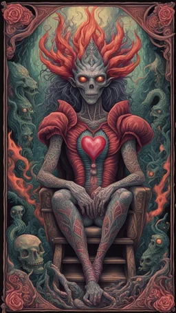 twisted valentine flaming heart patch tattoos, Geiger & Escher, alchemy, framed playing card hell, close up portrait of a happy blessed ancient magical scaly slimy weird alien mad max queen of hearts on a throne, holding a burning sceptre, in a space alien mega structure with stairs and bridges woven into a sacred geometry knitted tapestry in the middle of lush magic jungle, bokeh like f/0.8, tilt-shift lens 8k, high detail, smooth render, down-light, prize winning