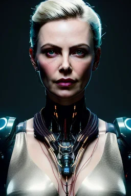 portrait full body, robot scifi with face charlize theron, intricate, many lights in body, eyes lights, highly detailed, highli quality, 8k, volumetric lighting