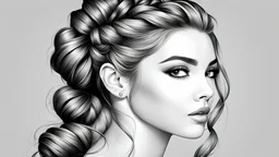 Line art French braid hair only grayscale white background