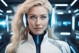 Blonde freundliche Frau in der Zukunft mit futuristischer Technik ausgestattet