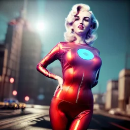 Realistic press image, retro sci-fi, portrait, waist up view, blonde woman, sweet Marylin Monroe face, perfect iris, glow eyes. tight latex tights suit. Retro Futuristic city, cars flying. epic style, vibrant color, highly detailed, unreal engine 5, ray tracing, RTX, lumen lighting, ultra detail, volumetric lighting, 3d, finely drawn, high definition, high resolution.