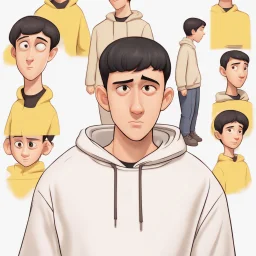 a caricature portrait of a young western man standing in front of a white wall. He is wearing a white sweatshirt. black hair. short buzz cut hair style. light skin. dark eye pupils. small eyes. black thick eyebrow. big round face shape. a bit small goatee. big nose. thick mouth. pixar style. 3D. 4k. portrait. highly detailed. sharp focus. high resolution. full color. cinema lighting