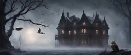 Hyper Realistic bats flying behind a huge dark mansion with owl sitting on dry old tree at a foggy snowfall night