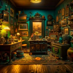 Diorama of old stuff in a room, sharp focus, 8k, 3d, very detailed, volumetric light, grim, fine art, very colorful, ornate, 35mm, F/2.8, insanely detailed and intricate, hypermaximalist, super detailed, decadent