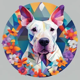 The image represents "dog bull terrier, big butterfly and flowers, in a circle", which is depicted as an abstract image with geometric shapes, such as squares and triangles, arranged in a harmonious image. The colors should be bright and vibrant using blue-green, red-orange, yellow and purple. The background should be neutral to bring out the colors. The overall impression is very minimalistic, modern and artistic.​