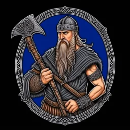 Realistic Pagan Viking Warrior with an Axe, Swedish flag and ravens