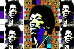 A digital collage mosaic of Jimi Hendrix, combining different stages of his life and career. The mosaic features scenes from his early life, iconic performances, and creative process. Early life is represented in black and white photography style, iconic performances in psychedelic art, and the creative process in surrealism. These different art styles blend together to form a cohesive mosaic image of Jimi Hendrix’s face, symbolizing the integration of his life experiences into his identity as a