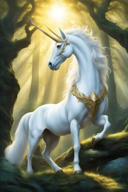 Dragon Magazine cover: In the depths of the enchanted forest, where sunlight dances through the ancient trees, a white unicorn grazes peacefully in the clearing. Its majestic form bathed in the golden glow of the sun, embodying grace and purity. Yet, nearby, a stark contrast emerges as a skeleton, clad in tattered garments and armed with a sword, sits solemnly against a tree trunk. [title: Dragon] [subtitle: #110 anniversary] [date: June 1986]