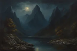 mistery night, mountains, rocks, river, epic, gothic and dark influence, friedrich eckenfelder, jenny montigny, and anna boch impressionism paintings