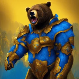 An angry bear in blue and gold armor, background of Inka jungle, high detail, smooth, realistic, digital illustration, Artstation, artgerm,