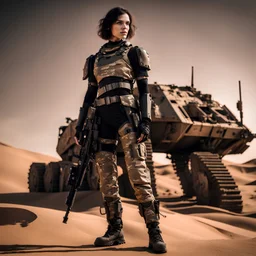 beautiful caucasian female soldier, black metal body and limbs, visible cybernetic limbs, scratched sand camo metal details, short brunette wavy bob haircut, dystopian, desert scene