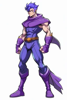 Anime man side character with magnetic abilities, too small muscles, aged 23, purple hair , wearing a purple superhero suit , not too short