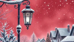 Delicate graphite drawing: Beautiful vintage street lamp, soft crimson Christmas background, Christmas decorations, glitter, silver-blue, sparkling light, fabulously beautiful, magical fog, ash-colored and silver-colored half-timbered village. Hyper-realistic pixel art, high level of detail, filigree, fine drawing, delicate graphite drawing.